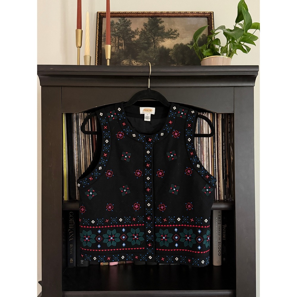 Folk Scandinavian Petite Embroidered Wool Blend Vest Floral Nordic Boho Layering
